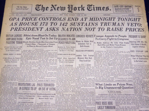 1946 JUNE 30 NEW YORK TIMES - OPA PRICE CONTROLS END AT MIDNIGHT - NT 839
