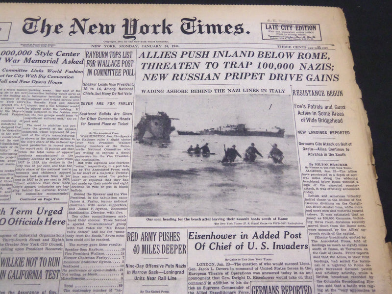 1944 JANUARY 24 NEW YORK TIMES - ALLIES PUSH INLAND BELOW ROME - NT 4314