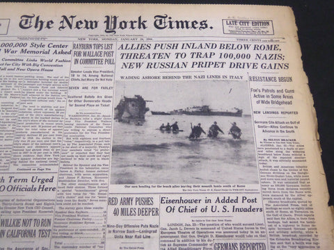 1944 JANUARY 24 NEW YORK TIMES - ALLIES PUSH INLAND BELOW ROME - NT 4314