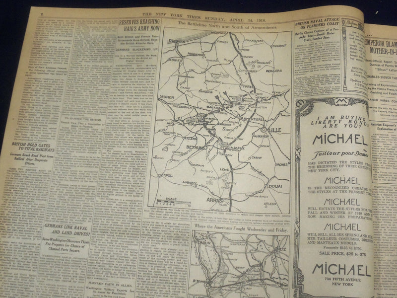 1918 APRIL 14 NEW YORK TIMES -BRITISH CHECK FOE, FRENCH ATTACK THE SOUTH-NT 8211