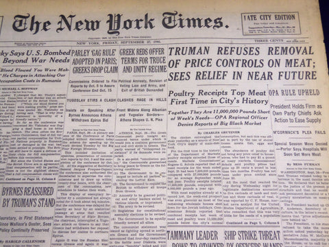 1946 SEPT 27 NEW YORK TIMES - TRUMAN REFUSES REMOVAL OF PRICE CONTROLS - NT 2243