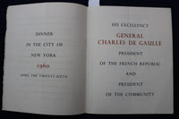 1960 APRIL 26 GENERAL CHARLES DE GAULLE DINNER PROGRAM SOFTCOVER BOOK - K 904