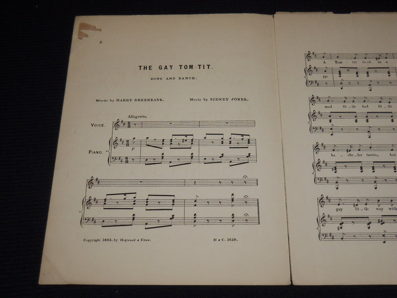 1895 THE GAY TOM-TIT SHEET MUSIC - MISS LETTY LIND - SIDNEY JONES - SP 887G