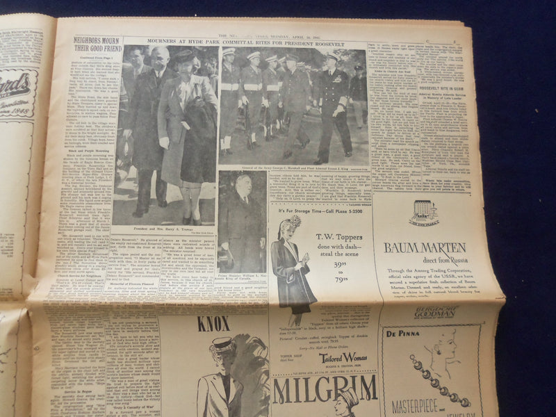 1945 APRIL 16 NEW YORK TIMES - ROOSEVELT IS BURIED WITH SOLEMN RITES - NP 6475