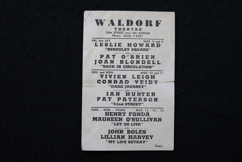 1930'S WALDORF THEATRE BINGO NIGHT CARD - K 1938