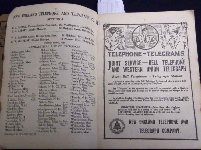 1912 WINTER NEW ENGLAND TELEPHONE DIRECTORY SECTION 4 - J 8816