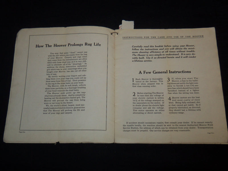 1920'S INSTRUCTIONS FOR THE CARE & USE OF THE HOOVER ELECTRIC SWEEPER - J 9159