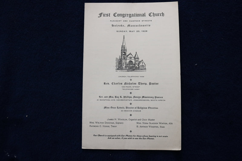 1928 MAY 20 CONGREGATIONAL CHURCH OF HOLYOKE, MA PROGRAMS - LOT OF 2 - K 1509