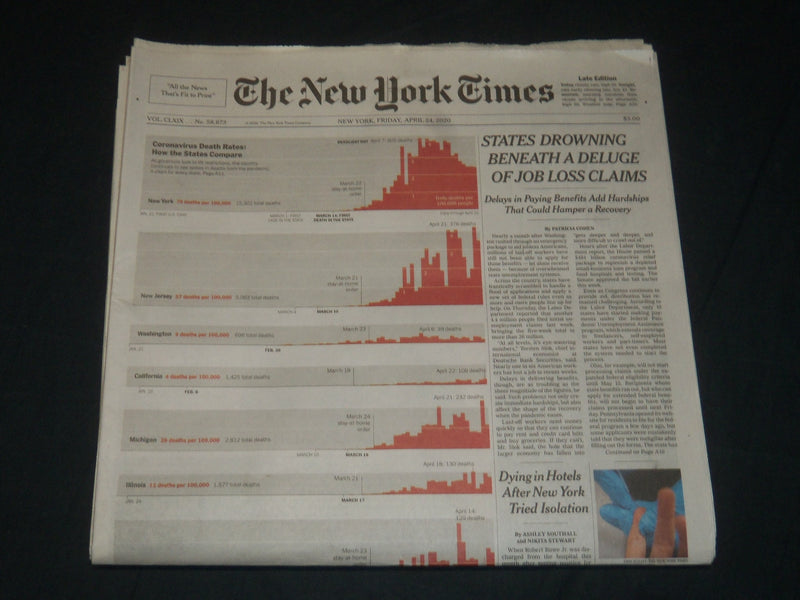 2020 APRIL 24 NEW YORK TIMES -STATES DROWING BENEATH A DELUGE OF JOB LOSS CLAIMS