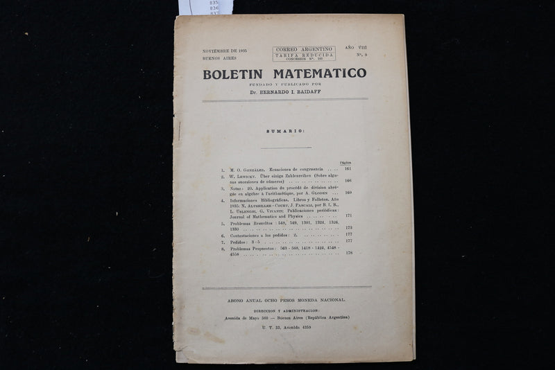 1935 BOLETIN MATEMATICO SOFTCOVER BOOKS -LOT OF 2- BUENOS AIRES-SPANISH - K 2238