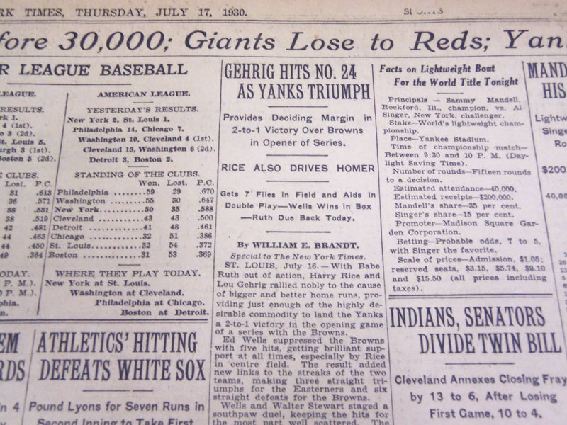 1930 JULY 17 NEW YORK TIMES - LOU GEHRIG HITS NO. 24 - NT 3902