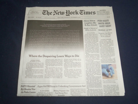 2021 DECEMBER 9 NEW YORK TIMES - PFIZER SUGGESTS BOOSTER SHIELDS AGAINST VARIANT