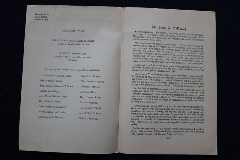 1931 NOV 26 ADDRESS BY HIS EXCELLENCY DINO GRANDI - SOFTCOVER BOOKLET - K 1549