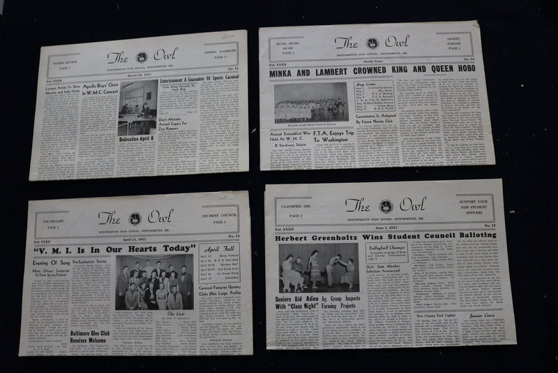 1949-1954 THE OWL NEWSPAPER - WESTMINSTER (MD) HIGH SCHOOL - LOT OF 48 - NP 8905