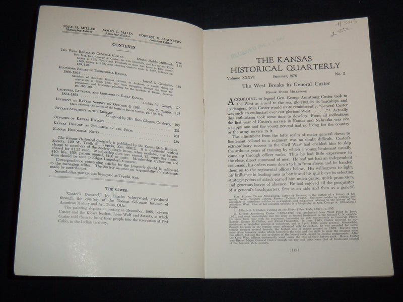 1970 SUMMER THE KANSAS HISTORICAL QUARTERLY MAGAZINE - J 8727