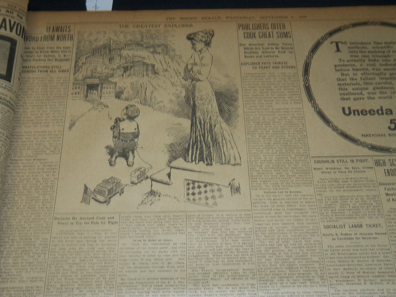 1909 SEPT 8 THE BOSTON HERALD - BAD WEATHER CHECKS PEARY IN THE STRAITS - BH 203