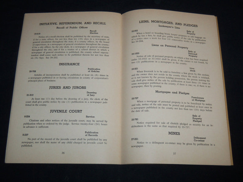 1961 STATUTES OF ARIZONA RELATING TO NOTICE BY NEWSPAPER PUBLICATION - J 8730