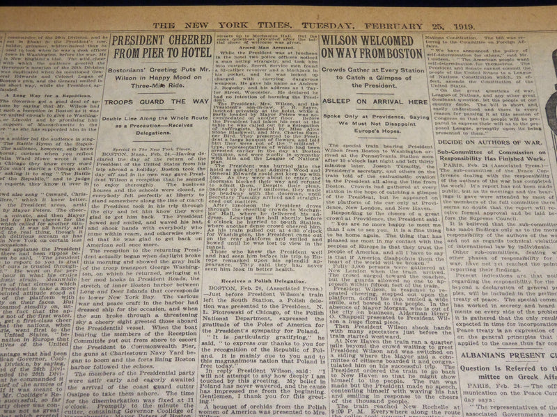 1919 FEBRUARY 25 NEW YORK TIMES - WILSON BRINGS HOME WORLD'S MESSAGE - NT 7970