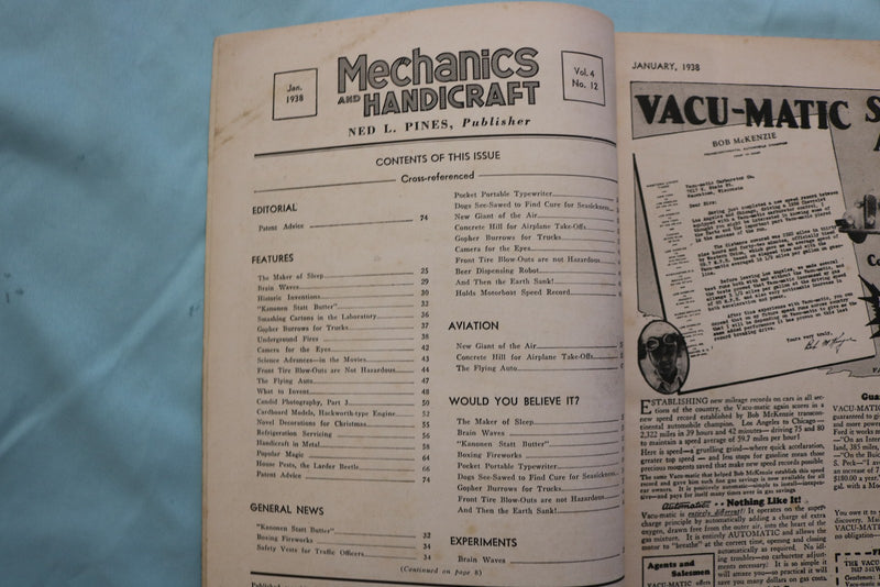 1938 JANUARY MECHANICS AND HANDICRAFT MAGAZINE - K 3273