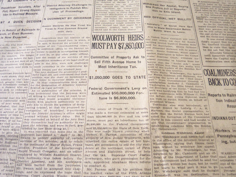 1919 DEC 13 NEW YORK TIMES - WOOLWORTH HEIRS MUST PAY $7, 850, 000 - NT 6218