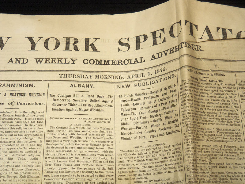 1875 APRIL 1 NEW YORK SPECTATOR NEWSPAPER - EAST RIVER BRIDGE - NP 8962