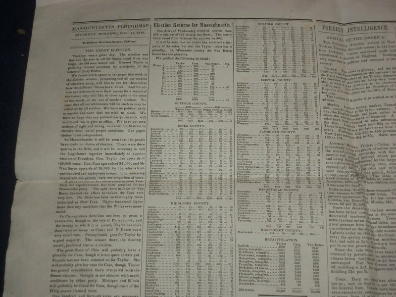 1848 NOVEMBER 11 MASSACHUSETTS PLOUGHMAN - TAYLOR ELECTED- THANKSGIVING- NP 5156