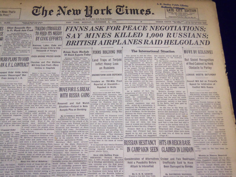 1939 DECEMBER 4 NEW YORK TIMES - FINNS ASK FOR PEACE - NT 3153