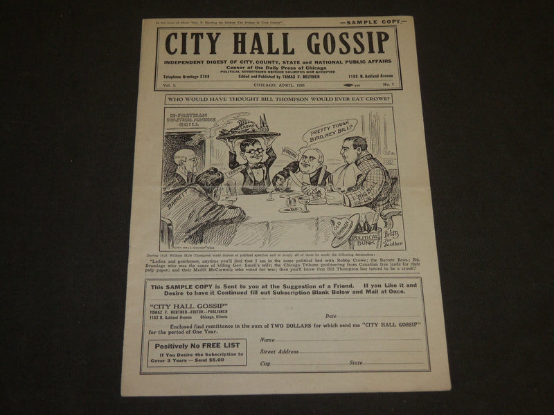 1926 APRIL CITY HALL GOSSIP MAGAZINE VOLUME 1 NO. 1 - CHICAGO - J 3520