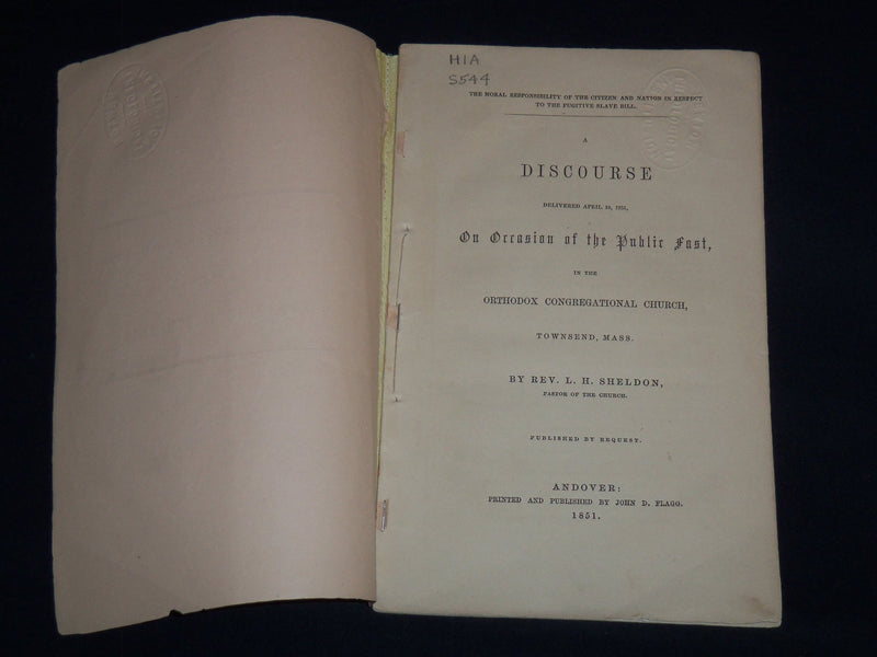 1851 REV. L. H. SHELDON DISCOURSE FUGITIVE SLAVE BILL - J 8938