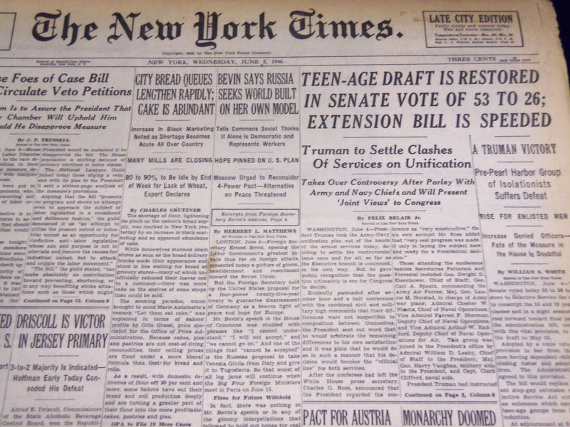 1946 JUNE 5 NEW YORK TIMES - TEEN-AGE DRAFT RESTORED - NT 2974