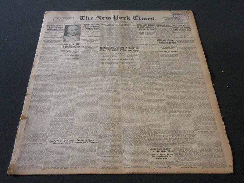 1921 NOVEMBER 5 NEW YORK TIMES - PREMIER TAKASHI HARA STABBED TO DEATH - NT 6150