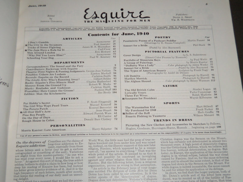 1940 JUNE ESQUIRE MAGAZINE - NICE ILLUSTRATIONS, COVER AND ADS - ST 5033