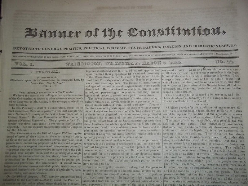 1830 MAR BANNER OF THE CONSTITUTION NEWSPAPER LOT OF 2- VOL I - JACKSON- NP 1498