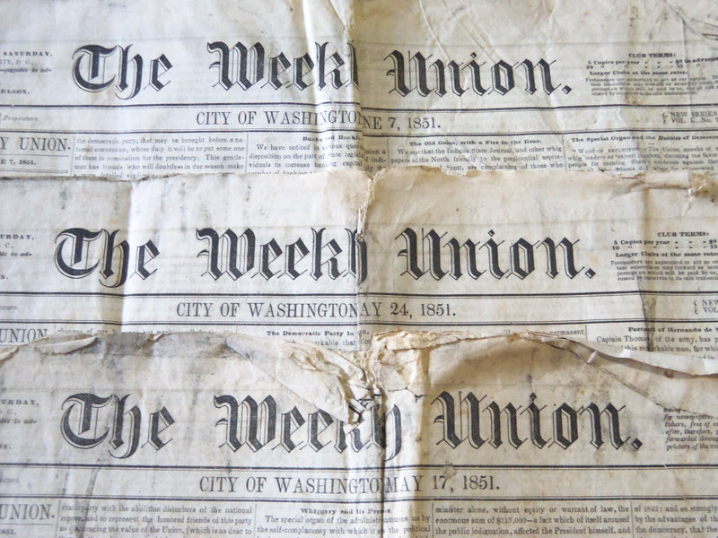 1851 THE WEEKLY UNION NEWSPAPER LOT OF 3 - CITY OF WASHINGTON - NP 2636