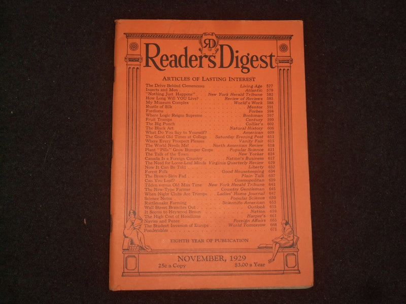 1929 NOVEMBER THE READER'S DIGEST SOFTCOVER BOOK - NUMBER 91 - J 9935