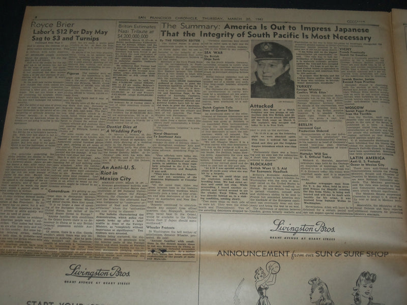 1941 MARCH 20 SAN FRANCISCO CHRONICLE - MASS LONDON RAID - SUPERMAN - NP 3631