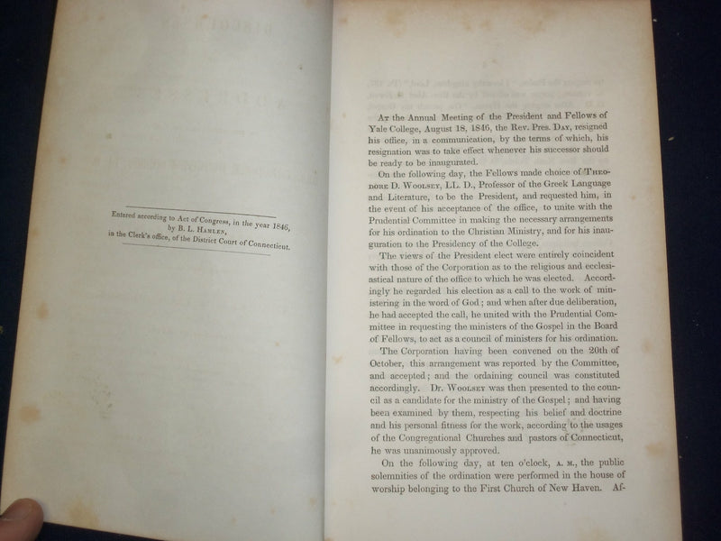 1846 YALE COLLEGE ORDINATION OF REV. THEODORE DWIGHT WOOLSEY - J 4713