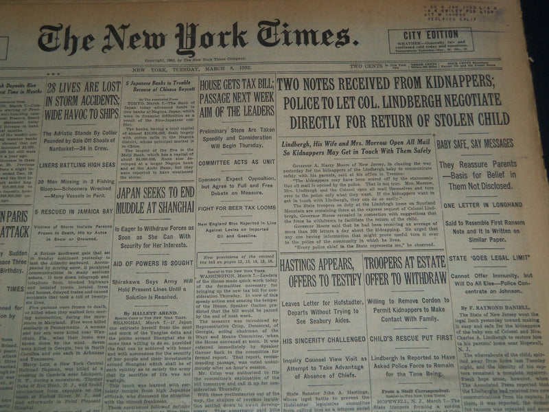 1932 MARCH 8 NEW YORK TIMES - LINDBERGH TO NEGOTIATE RETURN OF CHILD - NT 7428