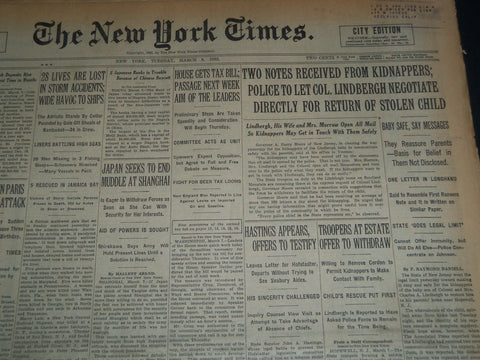 1932 MARCH 8 NEW YORK TIMES - LINDBERGH TO NEGOTIATE RETURN OF CHILD - NT 7428