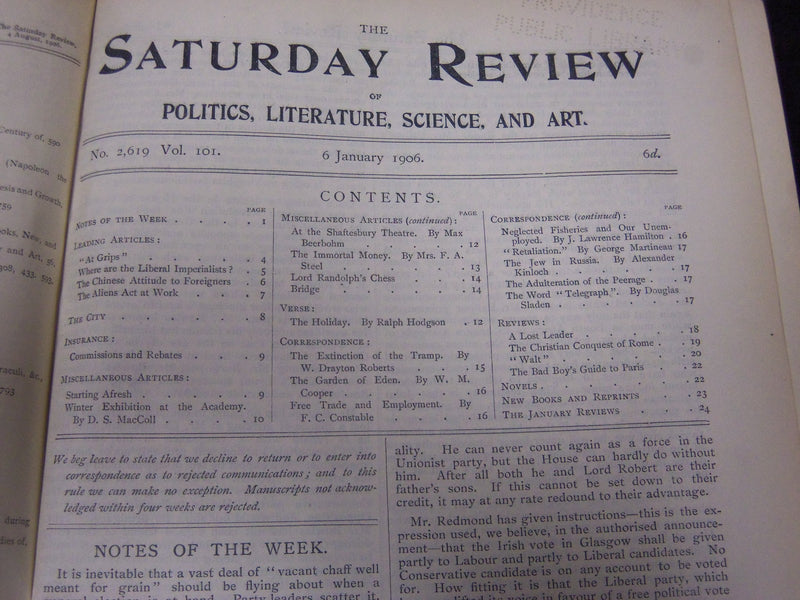 1906 SATURDAY REVIEW 2 BOUND VOLUMES - COMPLETE YR- PUBLISHED IN LONDON - R 1092