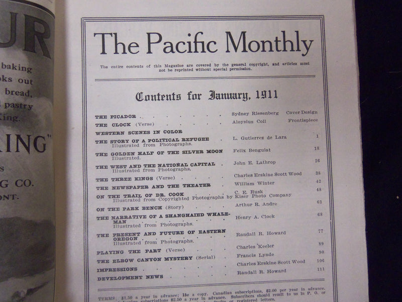 1911 JAN THE PACIFIC MONTHLY MAGAZINE-NICE COVER, STORIES, PHOTOS & ADS-ST 3335