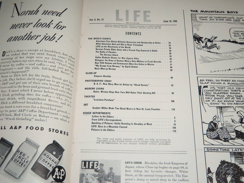 1940 JUNE 10 LIFE MAGAZINE - EMPEROR HIROHITO COVER - L 186