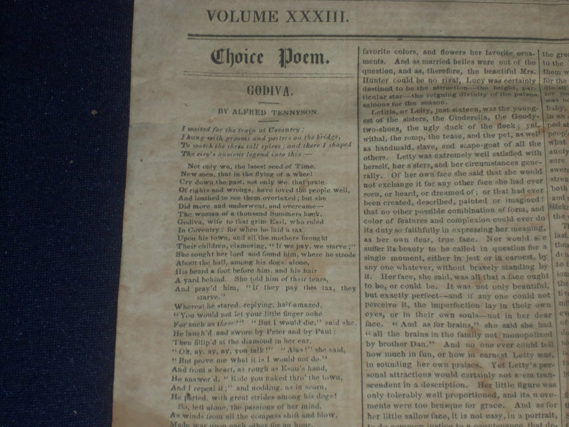 1853 SEP 3 THE SATURDAY EVENING POST NEWSPAPER - GODIVA - GARIBALDI - NP 5056