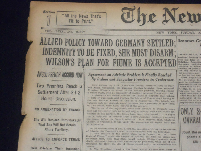 1920 APRIL 25 NEW YORK TIMES - WILSON PLAN FOR FIUME IS ACCEPTED - NT 8294