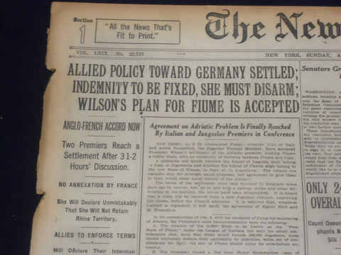 1920 APRIL 25 NEW YORK TIMES - WILSON PLAN FOR FIUME IS ACCEPTED - NT 8294