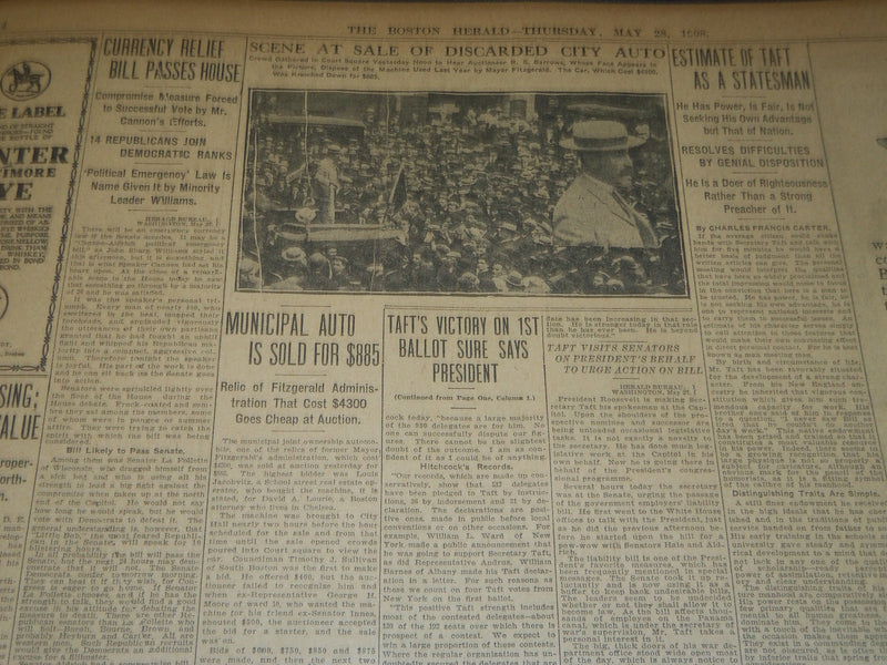 1908 MAY 28 THE BOSTON HERALD - TAFT'S VICTORY ON 1ST BALLOT SURE - BH 76