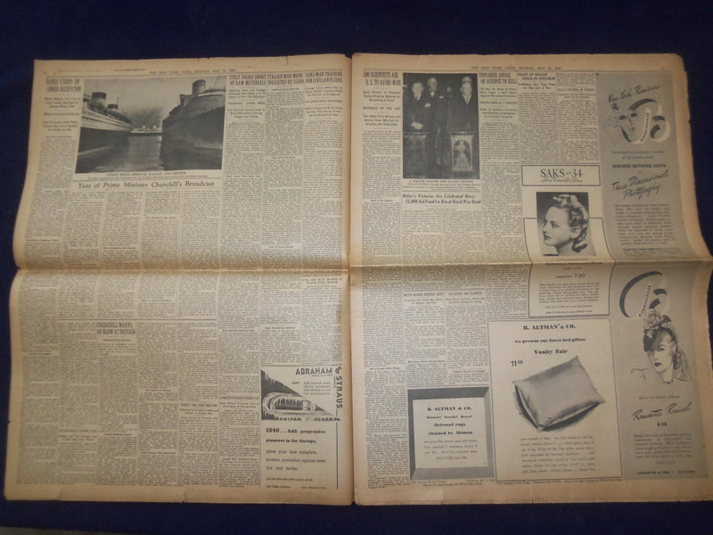 1940 MAY 20 NEW YORK TIMES - CHURCHILL WARNS BLOW AT BRITAIN IS COMING - NP 6493