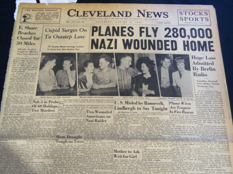 1941 AUGUST 9 CLEVELAND NEWS NEWSPAPER - PLANES FLY 280K NAZI WOUNDED - NT 7404