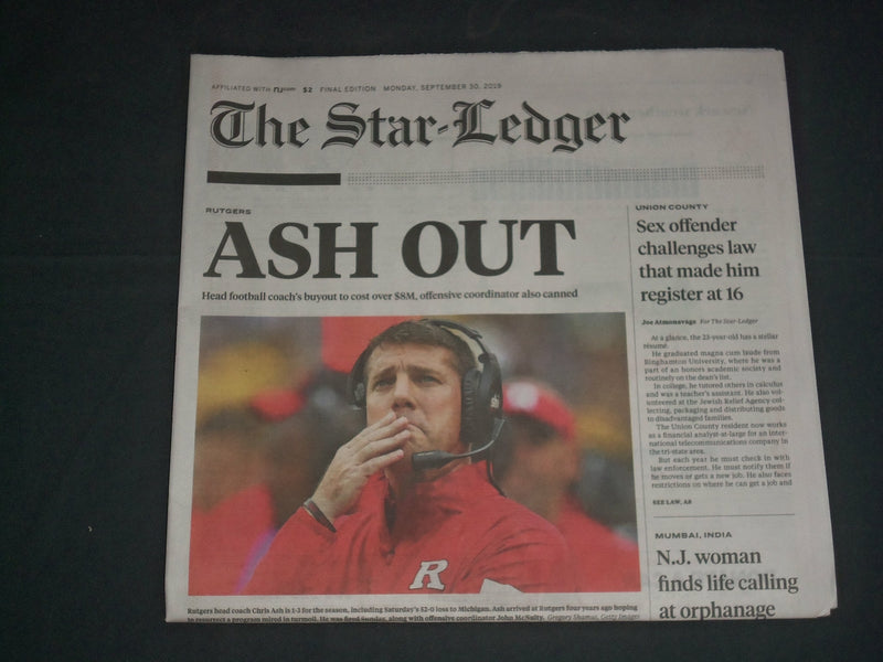 2019 SEP 30 THE STAR-LEDGER NEWSPAPER - RUTGERS FOOTBALL COACH CHRIS ASH FIRED