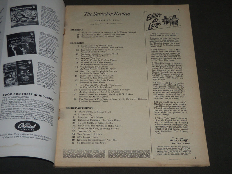 1954 MARCH 27 SATURDAY REVIEW OF LITERATURE MAGAZINE - ARTURO TOSCANINI- ST 4937